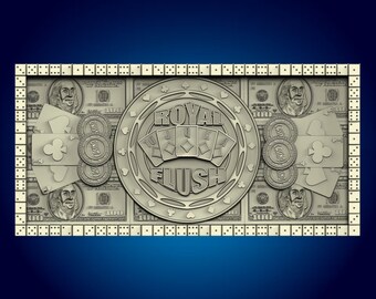 May include: A silver-colored Royal Flush poker chip with a background of US $100 bills. The chip has a royal flush hand of cards in the center with the words "Royal Flush" around the edge.