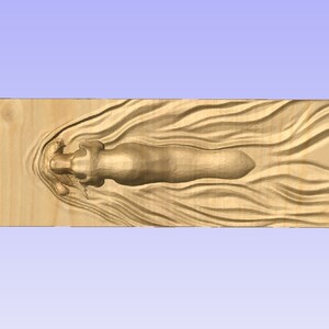 May include: A wooden plaque with a carved image of a dog lying down in a wavy pattern.