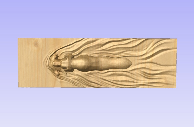 May include: A wooden plaque with a carved image of a dog lying down in a wavy pattern.