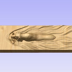 May include: A wooden plaque with a carved image of a dog swimming in water. The dog is brown and white and is lying on its side with its head turned to the side. The water is carved in a wavy pattern.