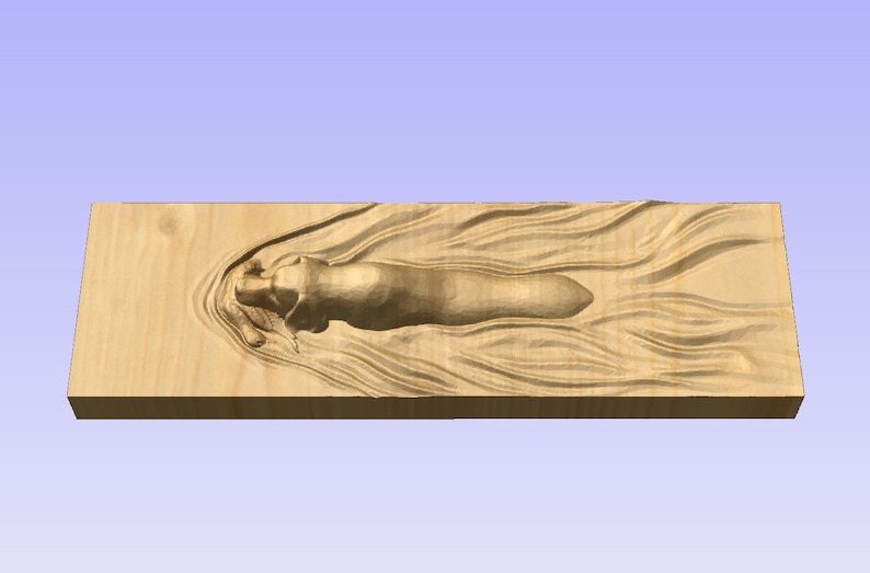 May include: A wooden plaque with a carved image of a dog swimming in water. The dog is brown and white and is lying on its side with its head turned to the side. The water is carved in a wavy pattern.