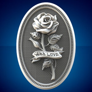 May include: A silver oval-shaped pendant with a 3D design of a rose with leaves and a banner that reads "With Love".
