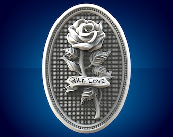 May include: A silver oval-shaped pendant with a 3D design of a rose with leaves and a banner that reads "With Love".
