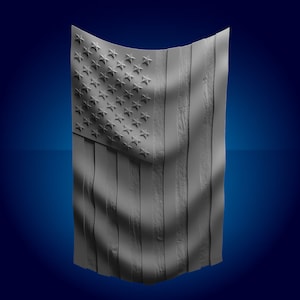 May include: A gray, textured, American flag with 13 stripes and 50 stars. The flag is waving in the wind.