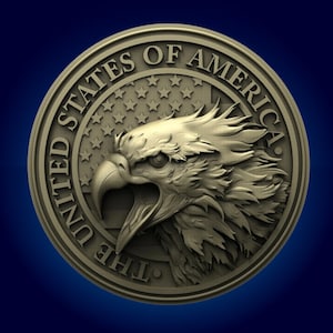 Pode incluir: Uma placa redonda de metal dourado com um design em relevo de uma cabeça de águia com o bico aberto, sobre um fundo de bandeira americana estilizada. O texto "THE UNITED STATES OF AMERICA" está inscrito ao redor da borda da placa.