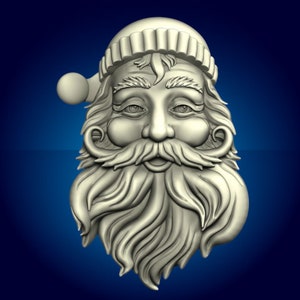 May include: A detailed, three-dimensional rendering of Santa Claus's face. The sculpture features a long, flowing beard, a hat with a pom-pom, and a serene expression. The color is a light, neutral tone, set against a deep blue background.