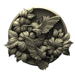 May include: A circular wall decor featuring two hummingbirds in flight, surrounded by detailed carvings of hibiscus flowers and leaves. The piece is crafted in a dark, metallic color.