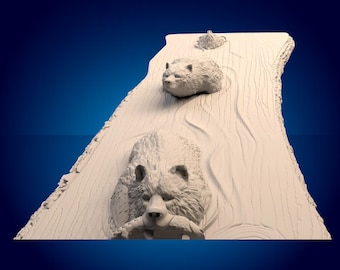 May include: A white wooden carving of a river with three bears. The bear at the bottom is holding a fish in its mouth. The carving is a rustic style and would look great in a cabin or lodge.