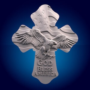 May include: A white wooden cross with an American flag design and a bald eagle in flight. The words "God Bless America" are inscribed at the bottom of the cross.