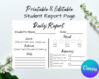 May include: Printable and editable student report page with sections for lunch, bathroom, mood, and behaviors. The page includes checkboxes and a space for notes.