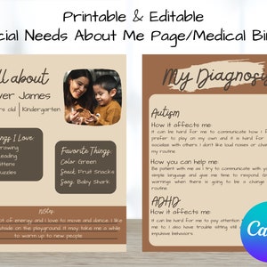 Back to School About Me Page and Medical Binder For Kids With Special Needs, Autism, ADHD // Instant Download