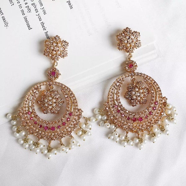 22k Gold plated Nauratan Hyderabadi earrings, Bali, Jhumkay with pearls and stones, Indian, Pakistani Wedding Nikkah Mehandi party