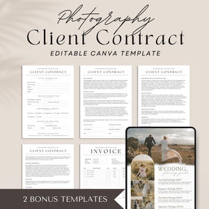 May include: Editable Canva template for a photography client contract. The template includes four pages of contract text, an invoice page, and a wedding photography pricing guide. The template is designed in a minimalist style with black text on a white background.