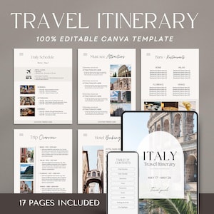 Modelo de itinerário de viagem editável, itinerário de viagem para impressão, guia de viagem digital, planejador de agente de viagens, planejador de férias, modelo Canva
