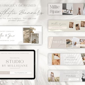 Puede incluir: Una colecci&oacute;n de 11 banners est&eacute;ticos con una paleta de colores neutros en beige, marr&oacute;n y blanco. Los banners presentan el texto "Millie & Jane" y "The Digital Studio by Millie Jane".