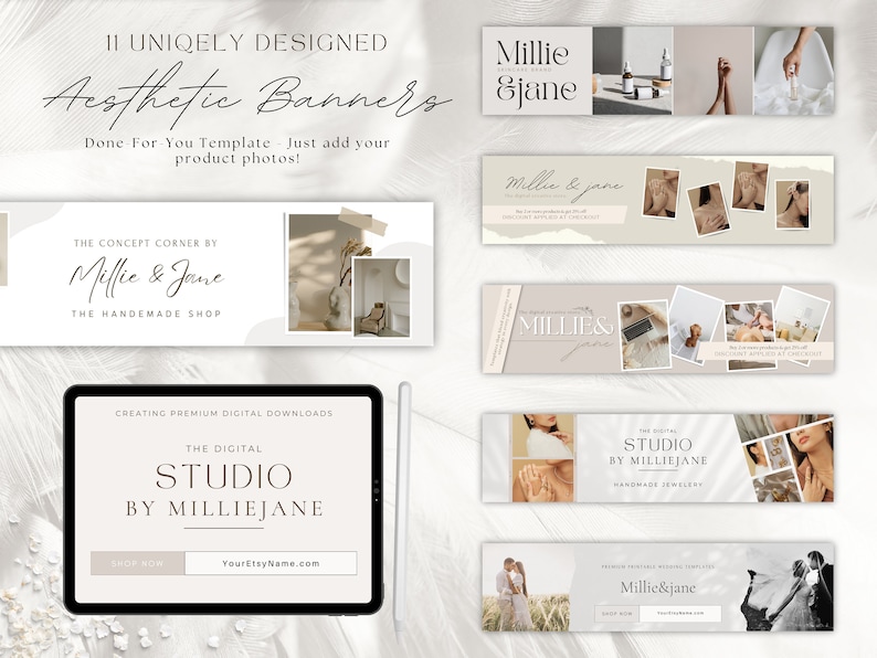 Puede incluir: Una colecci&oacute;n de 11 banners est&eacute;ticos con una paleta de colores neutros en beige, marr&oacute;n y blanco. Los banners presentan el texto "Millie & Jane" y "The Digital Studio by Millie Jane".