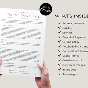 May include: A client contract for photography services. The contract includes sections for the entire agreement, services, payment, completion schedule, and photography business name. The contract is printed on white paper and is being held by a person's hands.