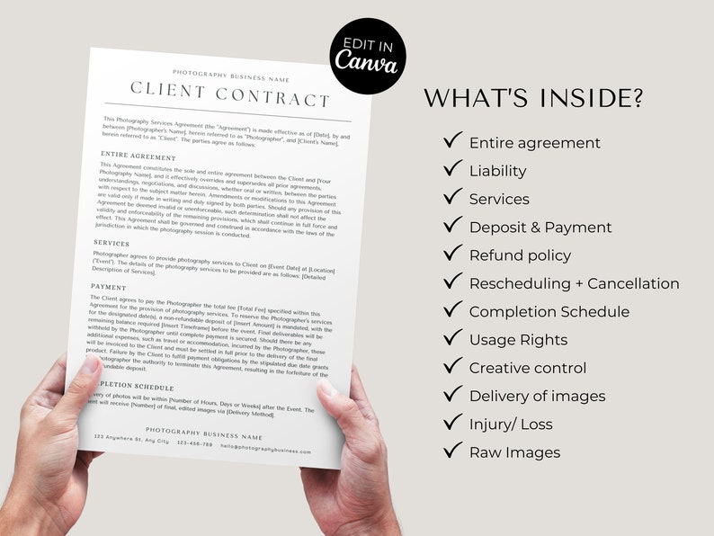May include: A client contract for photography services. The contract includes sections for the entire agreement, services, payment, completion schedule, and photography business name. The contract is printed on white paper and is being held by a person's hands.