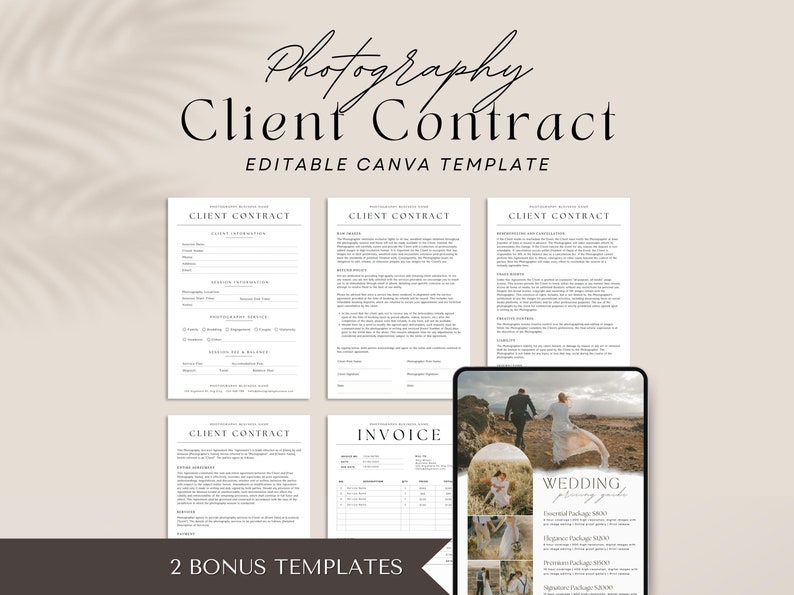Photographer contract template, agreement form, photography contract, client photography agreement, photography templates, wedding photography contract, family session photography contract, photography pricelist, photography services and pricing