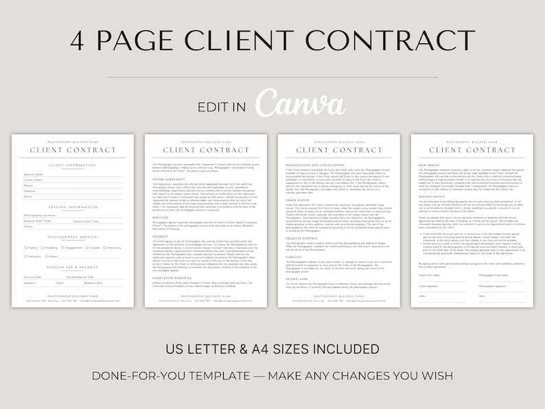 4 page client contract, photography session packages, photographer templates, photographer forms, client forms, price and services guide, photography agreement