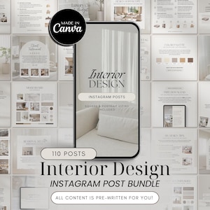 110 Interior Design Instagram Posts Bundle | Interior Design IG Post Templates | Minimalist Canva Templates | Home Design Social Media Posts