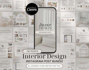 Bundel 110 interieurontwerp Instagram-berichten | IG-postsjablonen voor interieurontwerp | Minimalistische canvassjablonen | Startpaginaontwerp socialmediaberichten