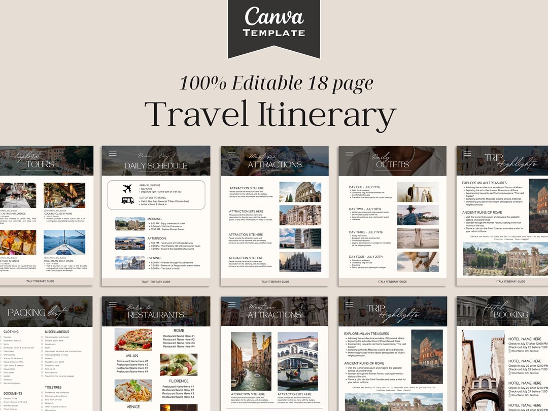 Editable Travel Itinerary Template, Canva Planner (digital Download) - Etsy