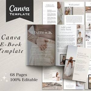 May include: A digital e-book template with 68 pages, 100% editable, designed for Canva. The template features a minimalist aesthetic with a neutral colour palette and includes a table of contents, a welcome page, and a section for setting goals. The template also includes a title page for a workbook and a section for joining a masterclass.