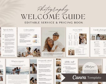 May include: A photography welcome guide with the title "WELCOME GUIDE" and the text "EDITABLE SERVICE & PRICING BOOK". The guide includes sections on tips, color palettes, pricing, and family photography. The Canva Template is visible at the bottom.
