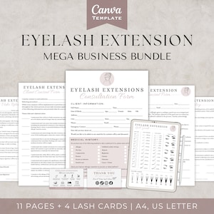 Lot de formulaires d'extension de cils, formulaires de consentement modifiables, consultation technique pour les cils, formulaires d'esthéticienne, fiches d'entretien des cils, formes de cils