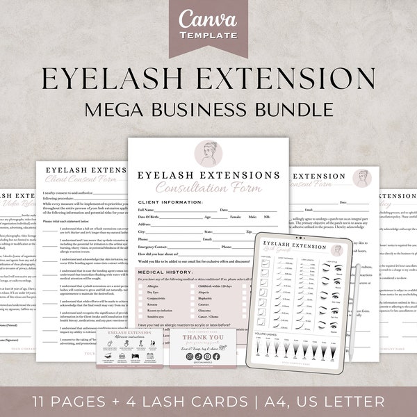 Eyelash Extension Form Bundle, Editable Lash Consent Forms, Lash tech Consultation, Esthetician Forms, Eyelash Aftercare Cards, Lash Forms