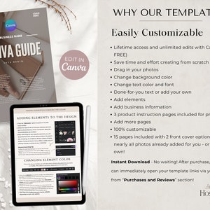 May include: A Canva guide template with a brown and white cover featuring the text "Canva Guide" and "Edit in Canva". The guide includes instructions on adding elements and changing colors in Canva.