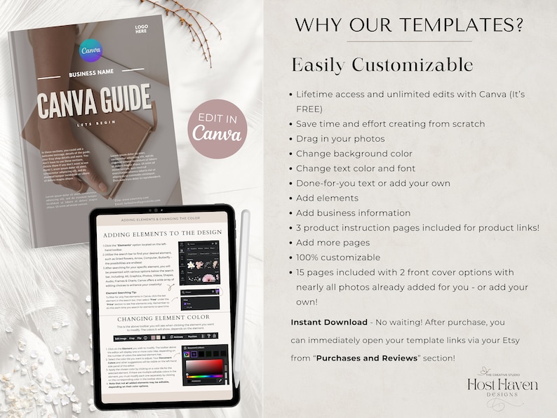 May include: A Canva guide template with a brown and white cover featuring the text "Canva Guide" and "Edit in Canva". The guide includes instructions on adding elements and changing colors in Canva.