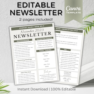 May include: Editable newsletter template with a green and white colour scheme. The template includes sections for announcements, upcoming meetings, events, activities, FAQ, and contact information. The text "November 2023 Newsletter" is at the top of the page.