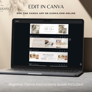 Puede incluir: Una pantalla de computadora port&aacute;til que muestra una plantilla de dise&ntilde;o de Canva con el texto "EDIT IN CANVA" y "USE THE CANVA APP OR CANVA.COM ONLINE". La plantilla presenta varias p&aacute;ginas con im&aacute;genes y texto, incluyendo "MILLIE & JANE" y "THE HANDMADE SHOP".
