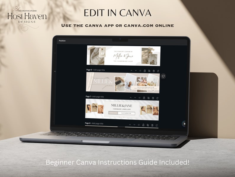 Puede incluir: Una pantalla de computadora port&aacute;til que muestra una plantilla de dise&ntilde;o de Canva con el texto "EDIT IN CANVA" y "USE THE CANVA APP OR CANVA.COM ONLINE". La plantilla presenta varias p&aacute;ginas con im&aacute;genes y texto, incluyendo "MILLIE & JANE" y "THE HANDMADE SHOP".