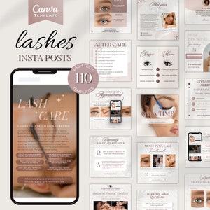 Può includere: Un collage di post sui social media per un'estetista specializzata in ciglia. I post mostrano immagini di occhi con extension di ciglia, testo sulla cura delle ciglia e domande frequenti sulle extension di ciglia.