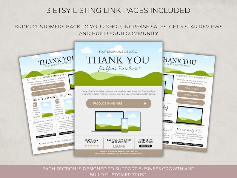 Etsy Seller Templates, Thank you note for digital download, Canva share page, Canva Download Instructions Template, Etsy Digital Product Instructions, page to share links, etsy seller, Canva product instructions, Canva product template