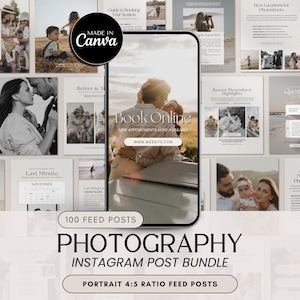 May include: A collection of 100 Instagram post templates for photographers, featuring a variety of designs with text overlays and images. The text includes "Book Online", "New Appointments Now Available", "www.website.com", "Photography", "Instagram Post Bundle", "Portrait 4:5 Ratio Feed Posts", and "100 Feed Posts".