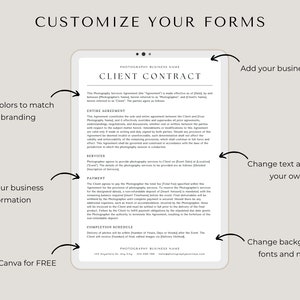 May include: A customisable client contract template for photographers. The template includes sections for services, payment, and completion schedule. The text "PHOTOGRAPHY BUSINESS NAME" is a placeholder for your business name. Edit the template in Canva for free.