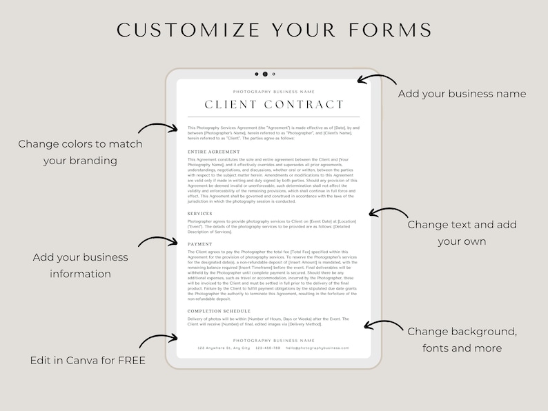 May include: A customisable client contract template for photographers. The template includes sections for services, payment, and completion schedule. The text "PHOTOGRAPHY BUSINESS NAME" is a placeholder for your business name. Edit the template in Canva for free.