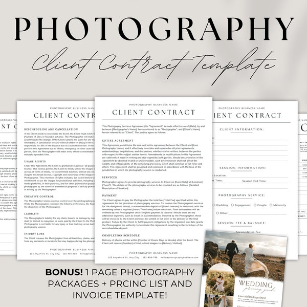 Photography Client Contract Template | Photography Forms | Client Agreement | Contract for Photographers | Canva Template