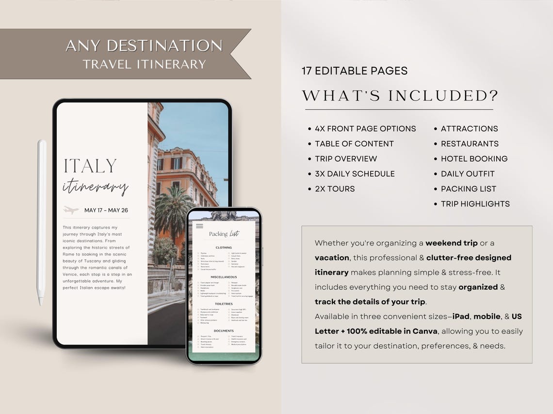 Editable Travel Itinerary Template, Canva Trip Planner (digital ...