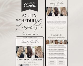 May include: A light brown background with a white rectangle containing the text "Hair Salon by Natalia". The rectangle is divided into three sections. The top section contains the text "Welcome to my Acuity Site". The middle section contains a collage of three photos of women with different hairstyles. The bottom section contains a calendar with the days of the week and the text "Meet Your Stylist".