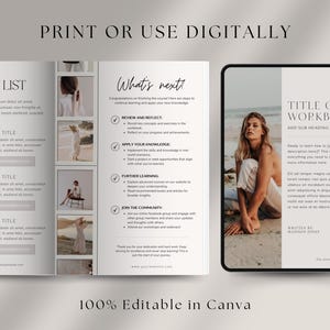 May include: A digital workbook template featuring a beach scene background. The title of the workbook is "TITLE OF WORKBOOK" with the subtitle "ADD SUB HEADING HERE". The text "Written by MARVON JONES" is at the bottom of the page. The workbook includes sections for "What's Next", "Review and Reflect", "Apply Your Knowledge", "Further Learning", and "Join the Community".