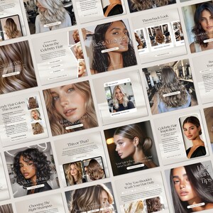 May include: A collage of Instagram posts about hair care and styling. The posts feature different hairstyles, hair colors, and hair care tips. Some of the text in the posts includes "Trendy Hair Colors This Season", "Celebrity Hair Inspiration", "This or That?", and "Hair Care Tips".