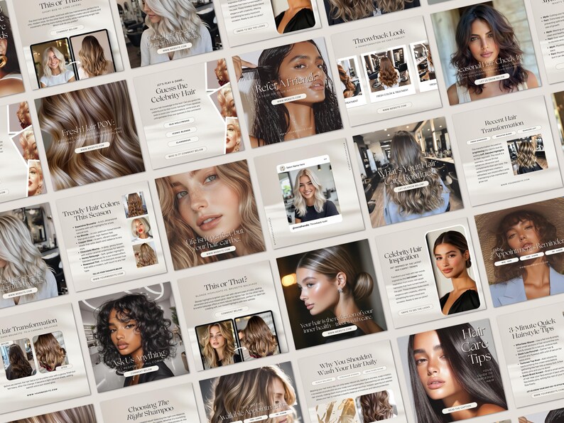 May include: A collage of Instagram posts about hair care and styling. The posts feature different hairstyles, hair colors, and hair care tips. Some of the text in the posts includes "Trendy Hair Colors This Season", "Celebrity Hair Inspiration", "This or That?", and "Hair Care Tips".