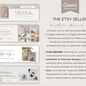 Puede incluir: Un conjunto de cuatro plantillas de banner para tienda Etsy con una paleta de colores neutros en tonos beige, marr&oacute;n y blanco. Los banners presentan una est&eacute;tica minimalista con texto que dice "Millie & Jane", "The Digital Creative Studio", "The Concept Corner by Millie & Jane" y "Millie & Jane Business Printables".