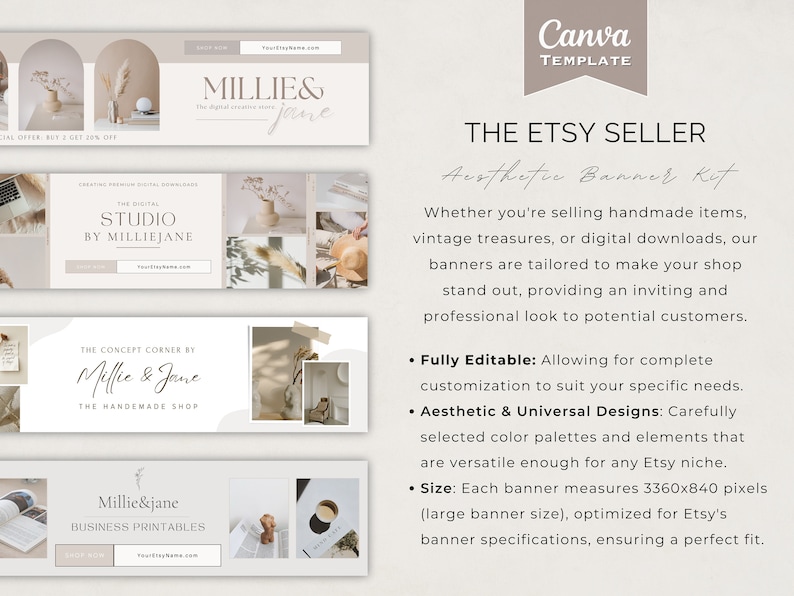 Puede incluir: Un conjunto de cuatro plantillas de banner para tienda Etsy con una paleta de colores neutros en tonos beige, marr&oacute;n y blanco. Los banners presentan una est&eacute;tica minimalista con texto que dice "Millie & Jane", "The Digital Creative Studio", "The Concept Corner by Millie & Jane" y "Millie & Jane Business Printables".