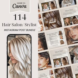 May include: A collection of 114 Instagram post templates for hair salons and stylists. The templates feature images of women with different hairstyles and hair colors, as well as text overlays with tips and advice on hair care.